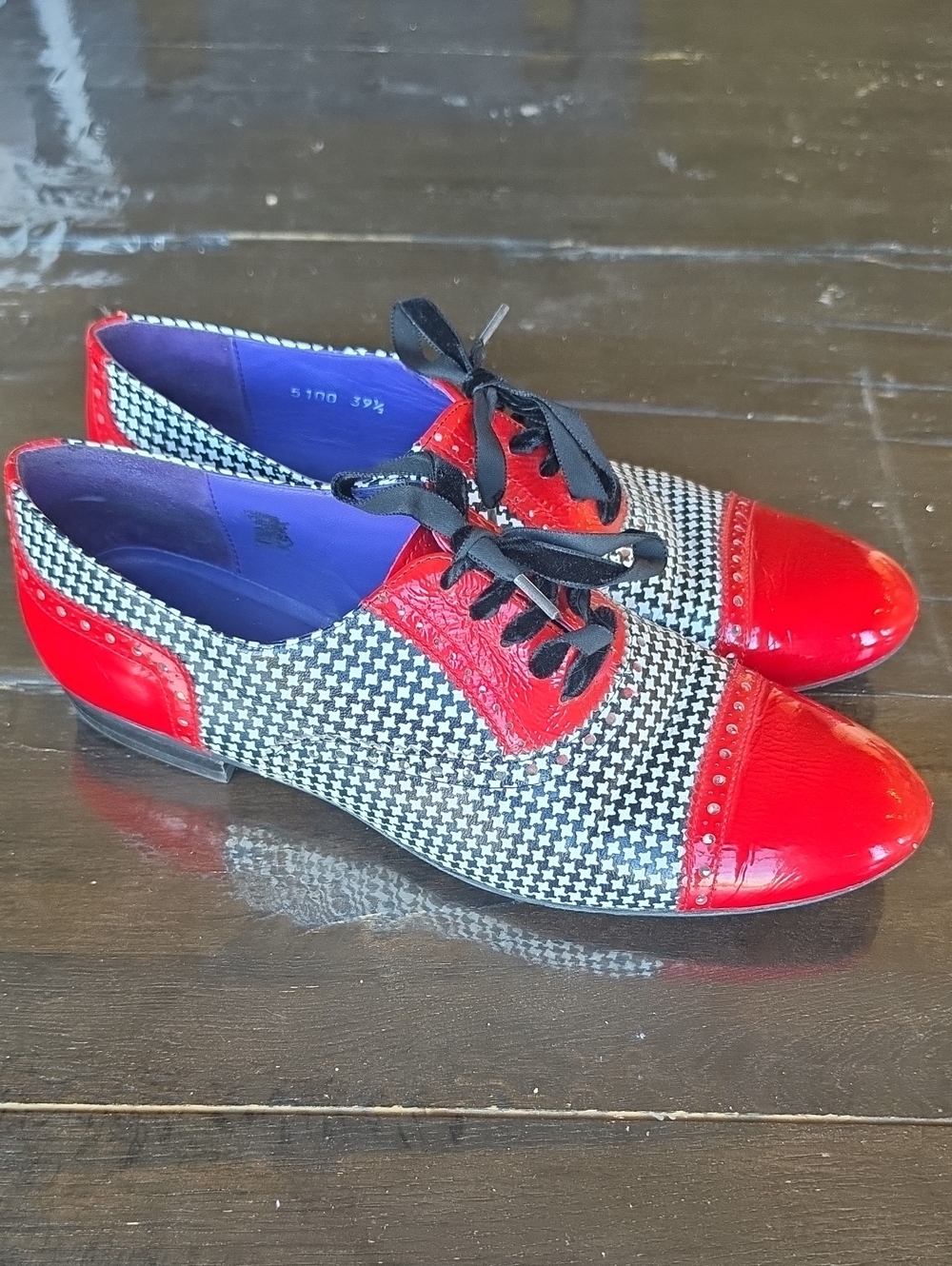 (39.5) Houndstooth Lace-Up Oxford 50s Ecclectic Classsic European Vintage Wow